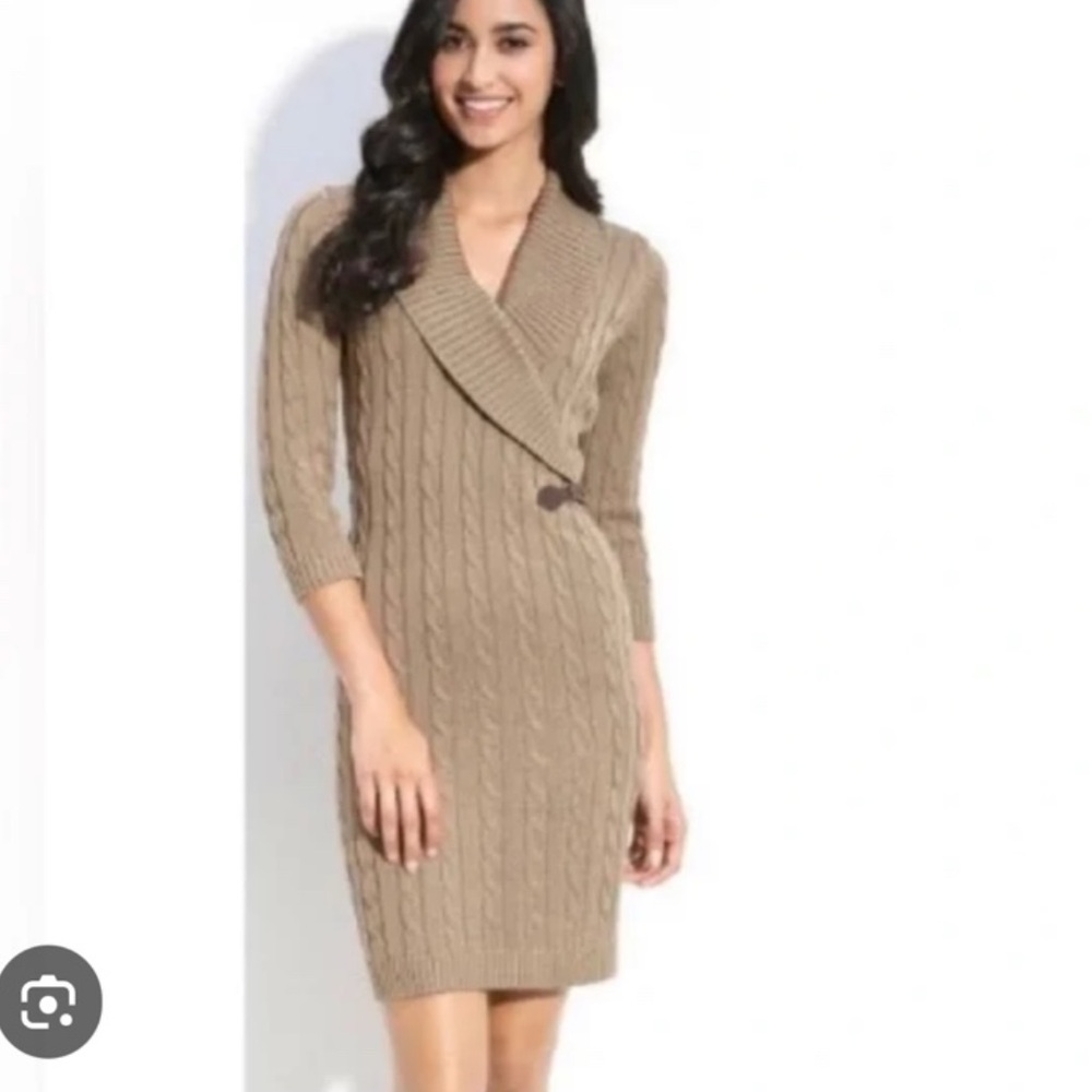 Calvin Klein Tan Cable Knit Sweater Dress XL V Neck buckle faux wrap v neck